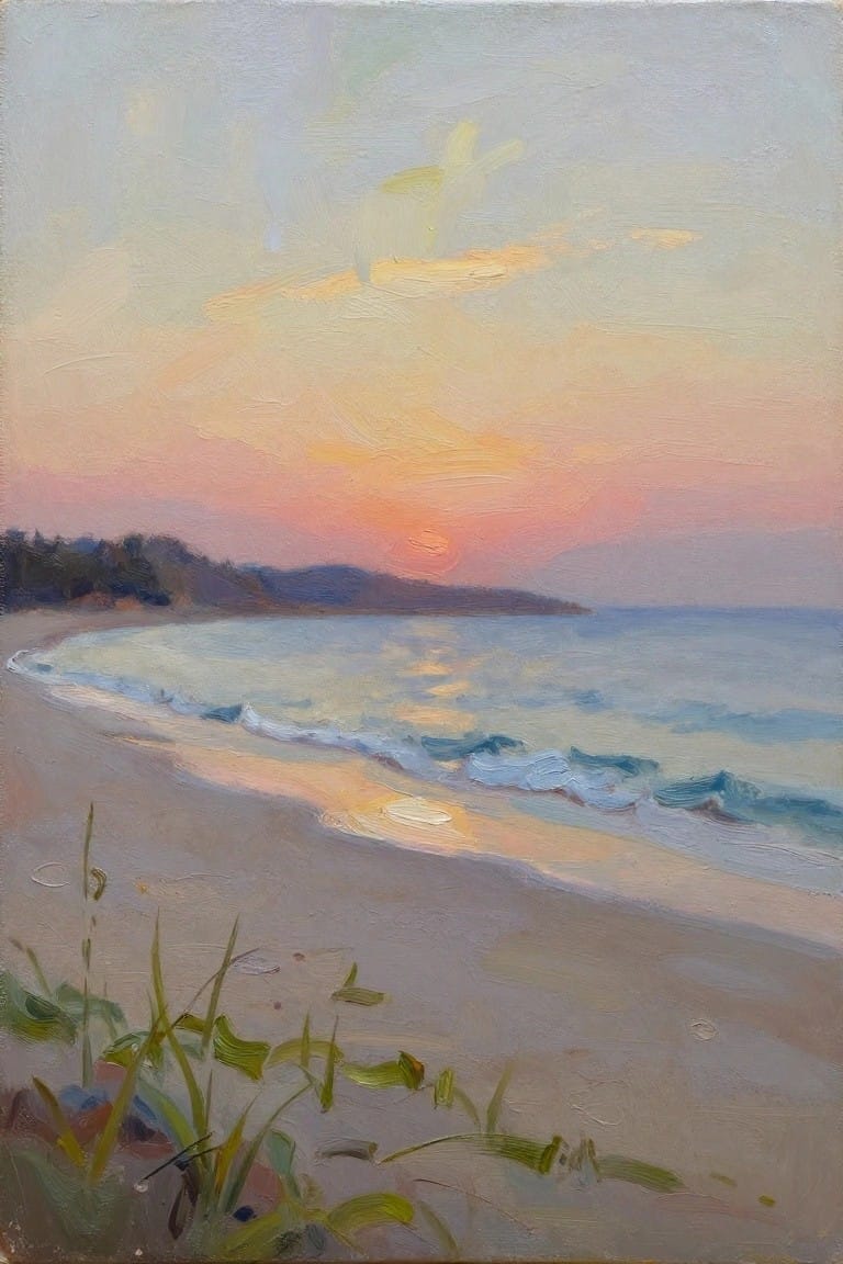 Impressionist painting of sunset over ocean with pink-orange sky, waves, and foreground grass
