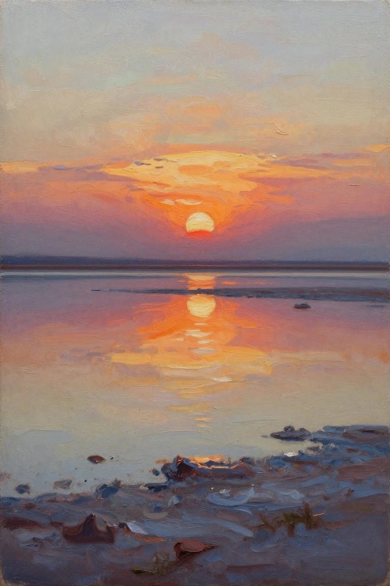 Oil painting of a sunset over calm ocean water with the sun centered on the horizon and its reflection running toward a rocky foreground shore.