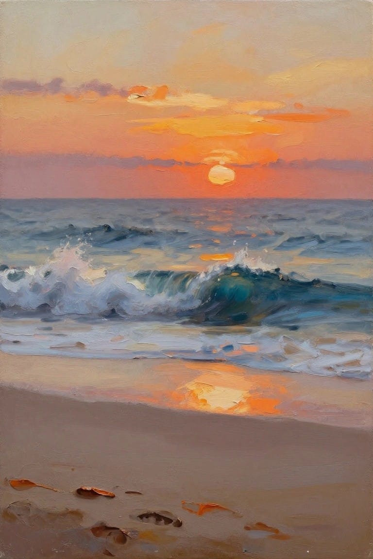 An oil painting of a sunset over the ocean with waves crashing onto a sandy beach, the sun low on the horizon casting orange reflections on the water and sand.