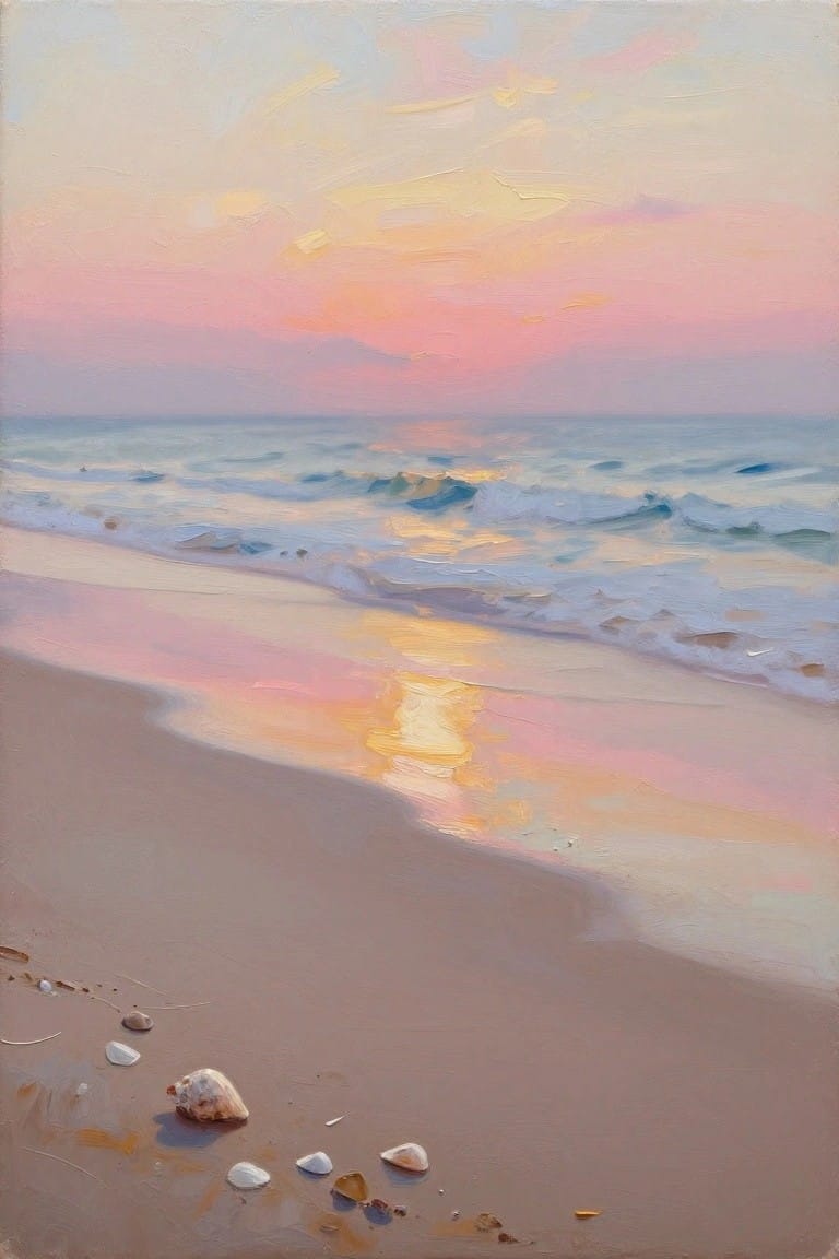 An oil painting of a beach at sunset showing pink and orange sky, gentle waves, wet sand with reflections, and several small shells in the foreground.