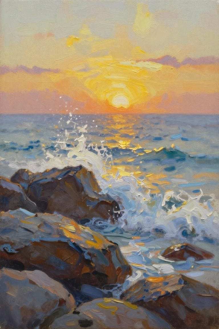 An oil painting of a bright sunset over the ocean with white waves splashing against dark rocks in the foreground.