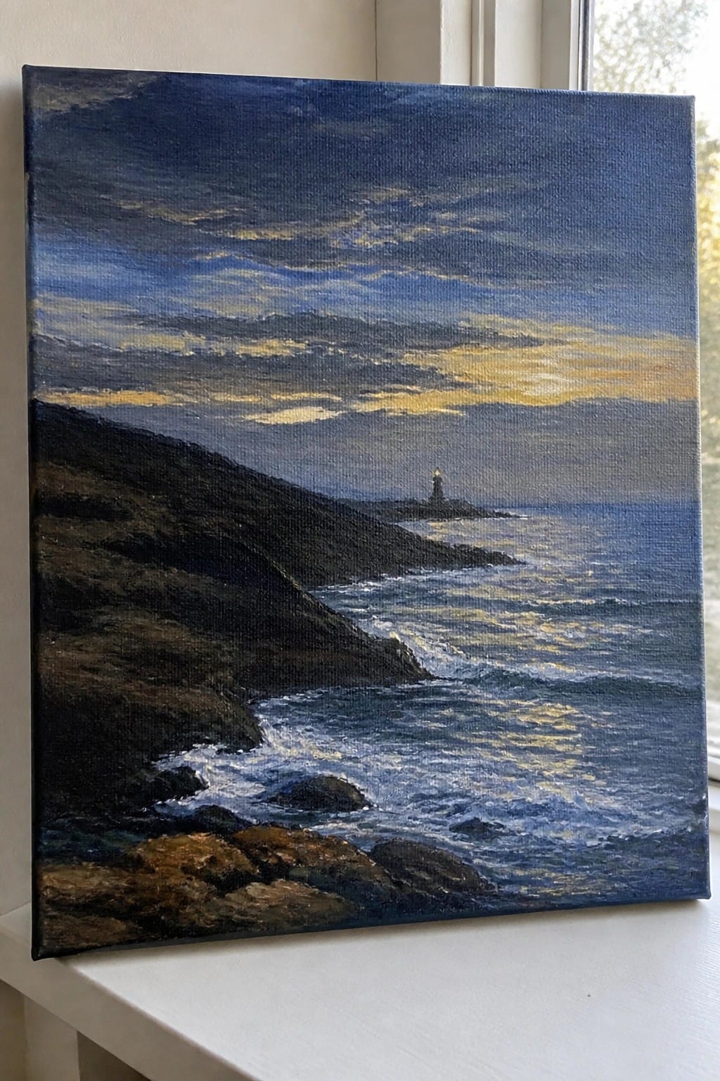 Oil painting of waves crashing on rocks near a lighthouse at sunset on cliffs