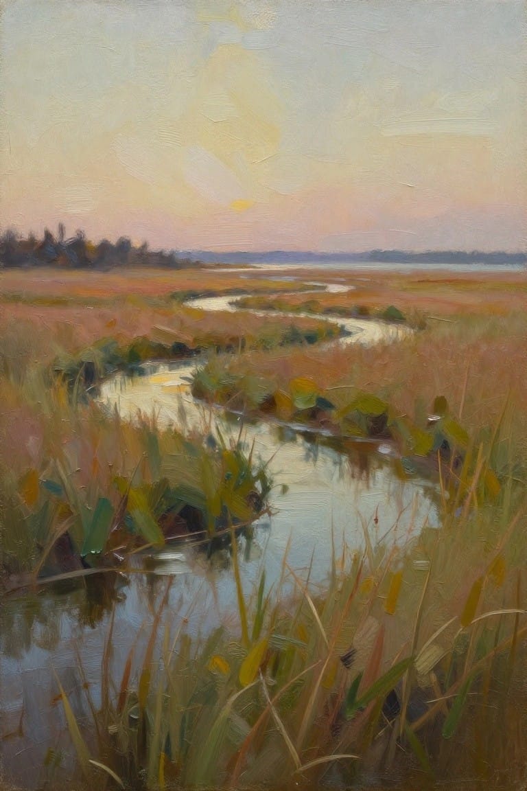 Winding creek reflects sunset hues through marsh grasses in oil painting.