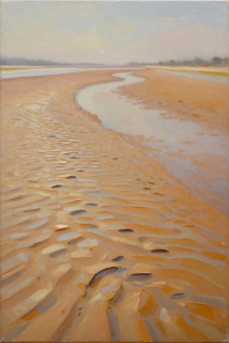 Oil painting of sandy beach with footprints beside winding tidal stream at low tide
