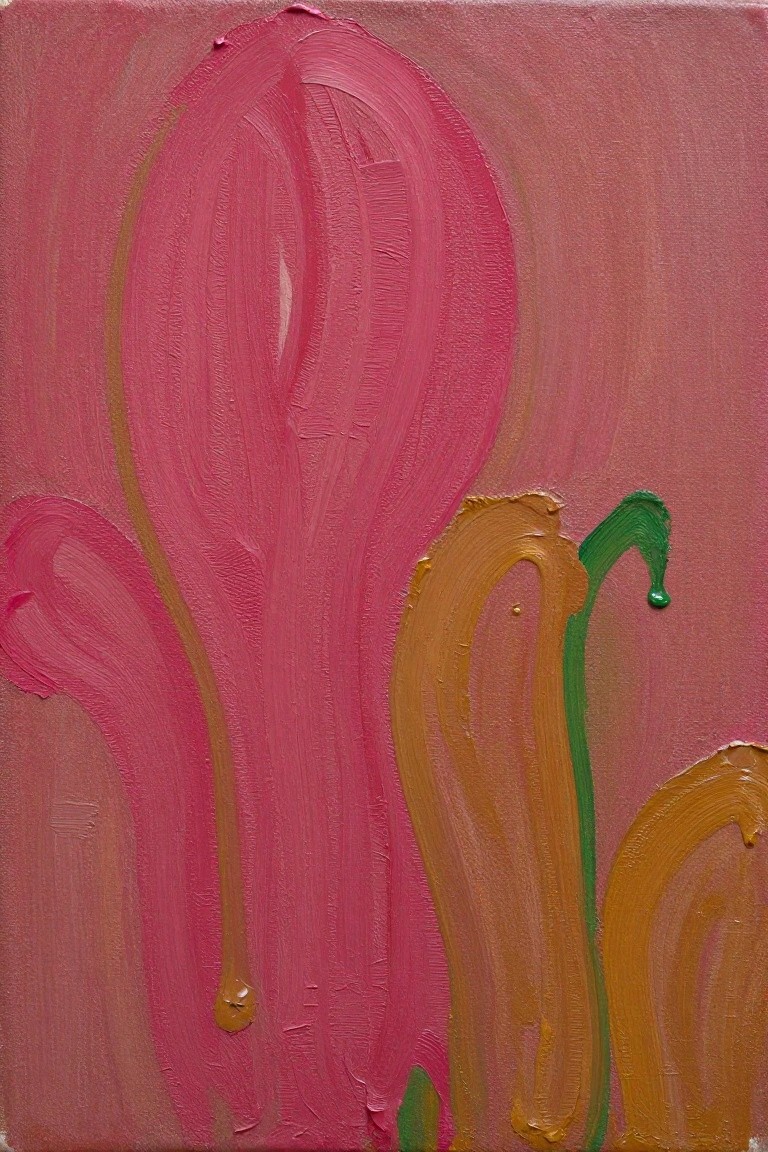 Abstract painting with thick pink, orange, and green brushstrokes on magenta background
