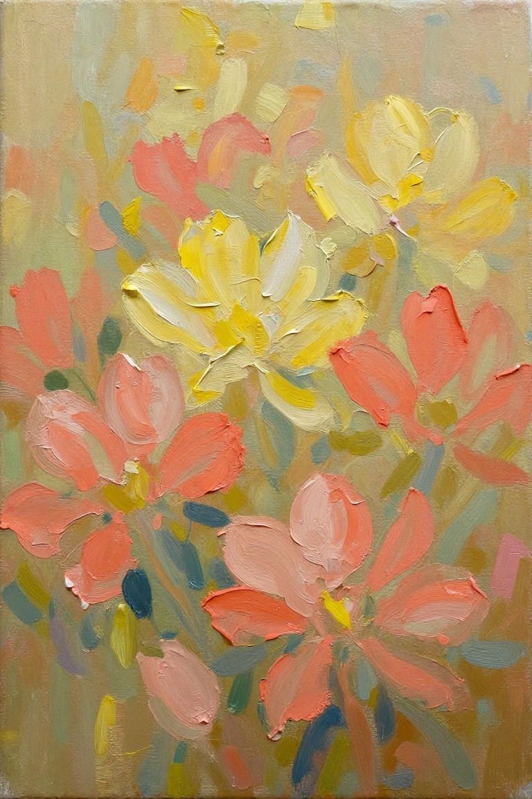 Abstract painting of yellow, pink, and coral flowers with bold brushstrokes.