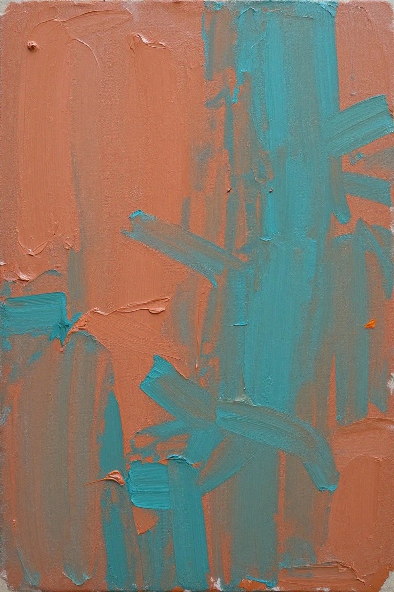 Abstract painting with thick overlapping teal strokes on textured orange background