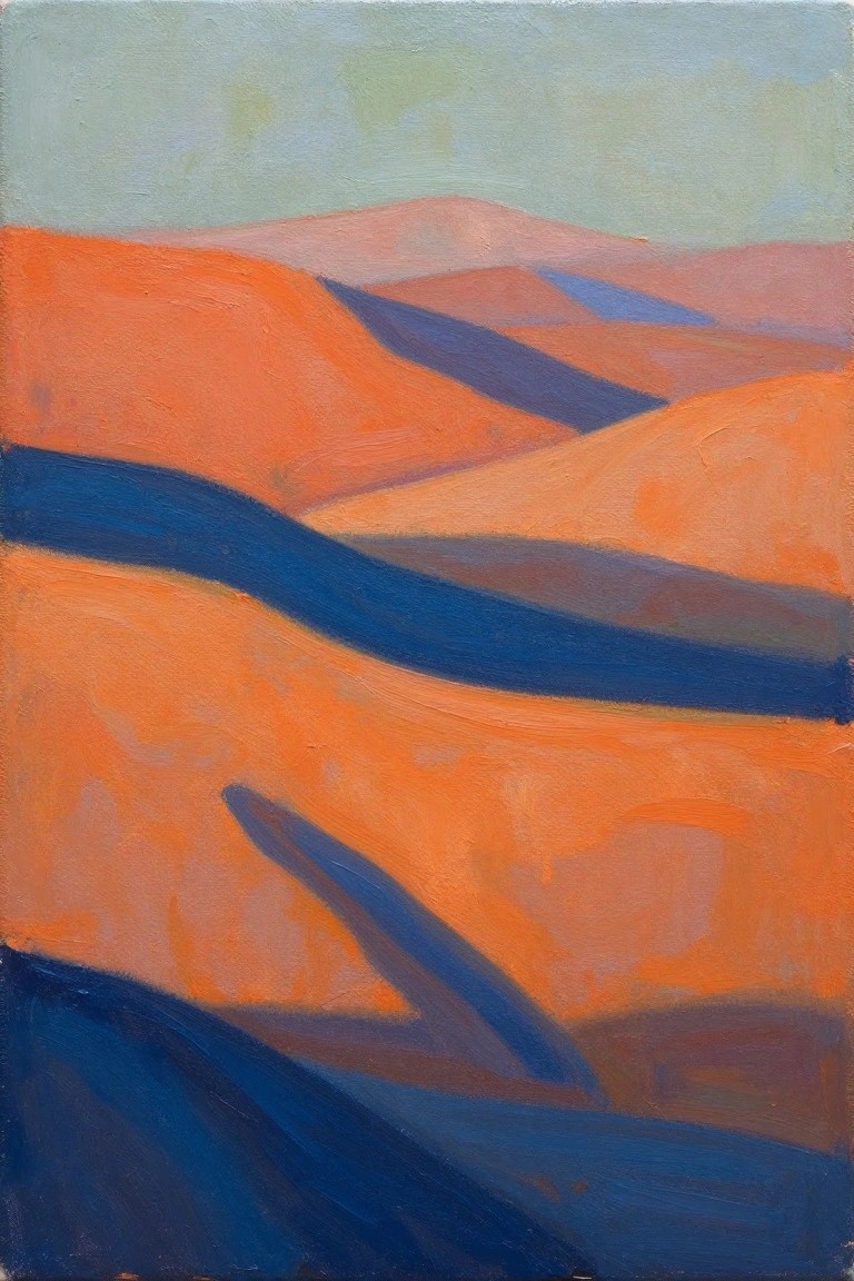 Abstract painting of orange sand dunes with sweeping blue shadows and distant hills.