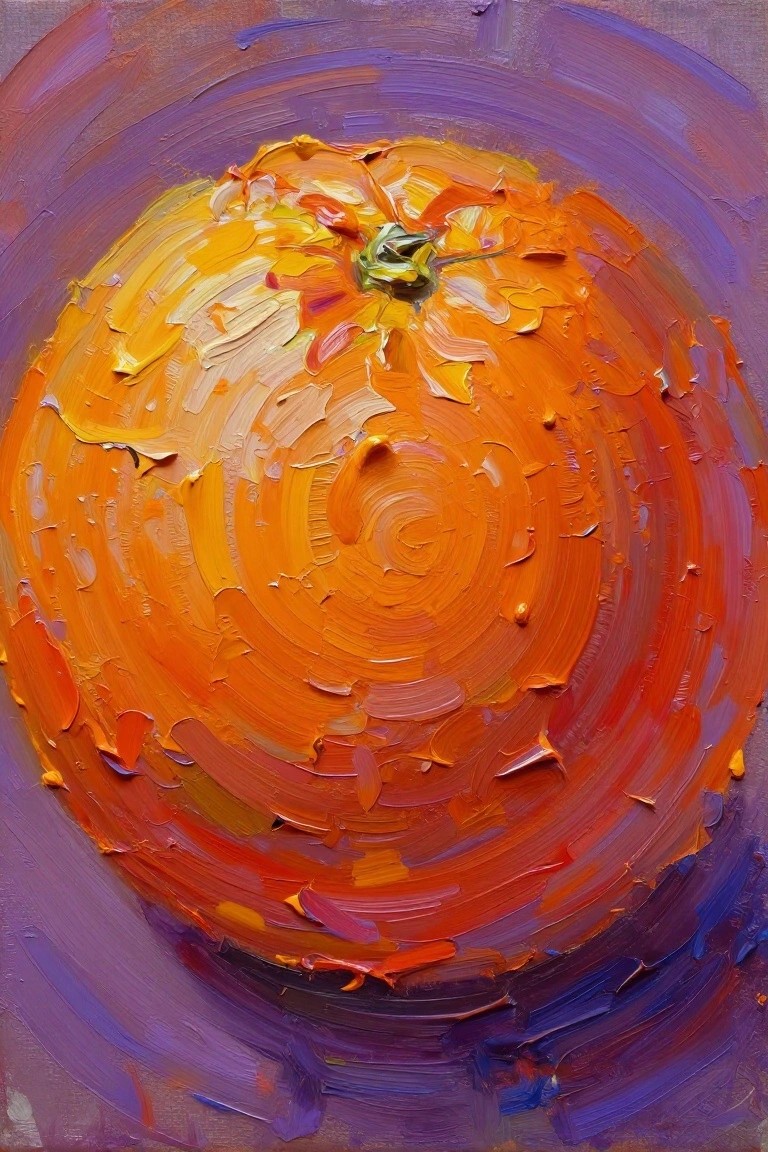 Thickly textured orange pumpkin with vibrant swirling brushstrokes on purple-blue background