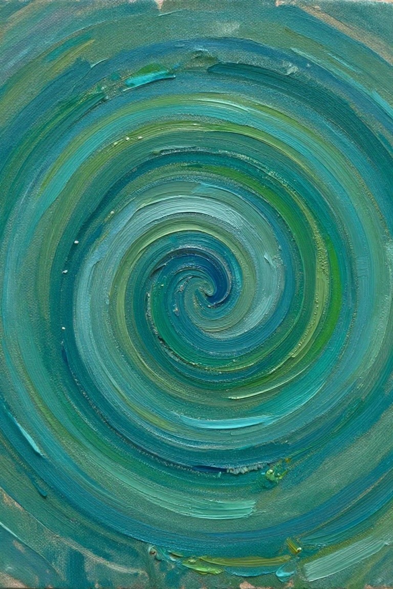 Spiraling vortex of blue and green hues with textured brushstrokes.