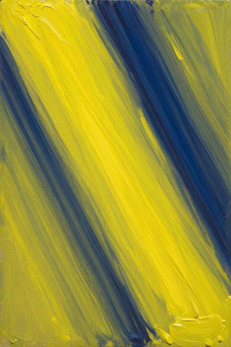 Abstract painting with thick yellow and blue diagonal brushstrokes on canvas