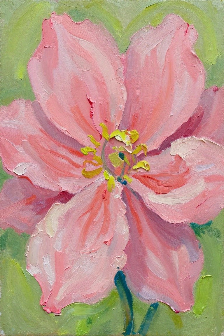 Close-up oil painting of a large pink flower with thick textured petals against a green background.