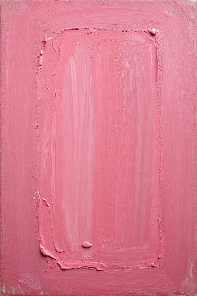 Textured pink painting with layered brushstrokes forming an inner rectangle on canvas.
