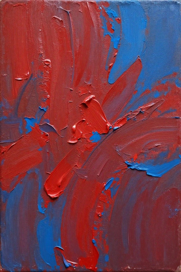 An abstract oil painting covered in thick, overlapping strokes of red and blue paint with visible brush marks and impasto texture.