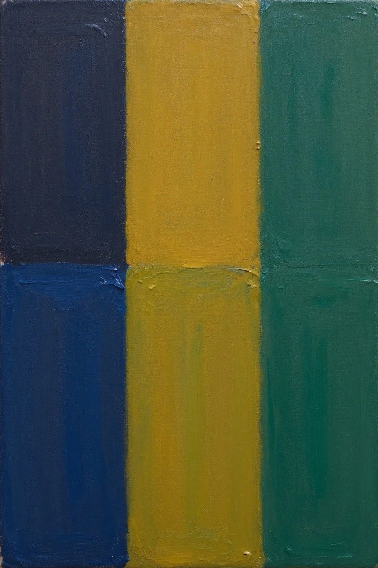 Abstract painting of six rectangles in navy blue, yellow, and green tones.