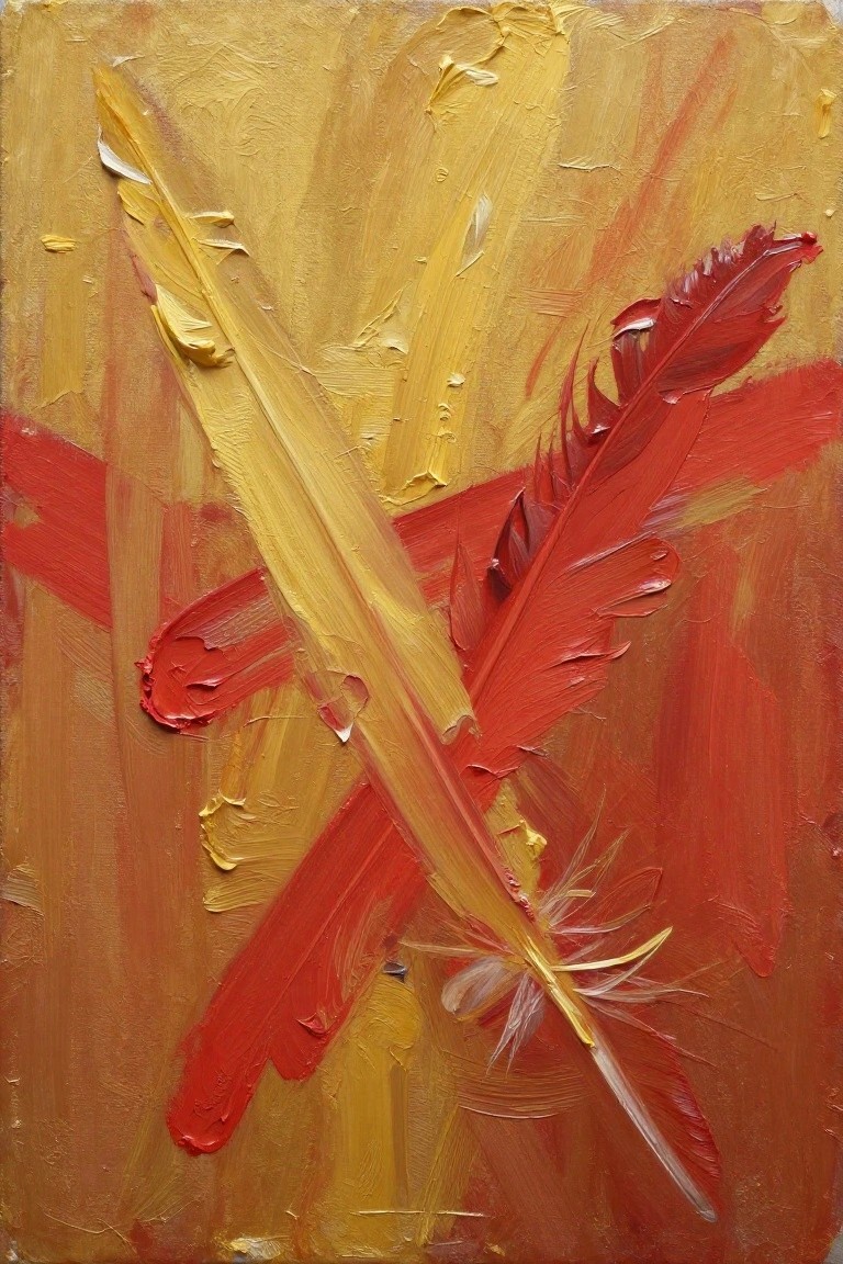 Textured abstract painting of crossed red and yellow feathers with bold strokes.