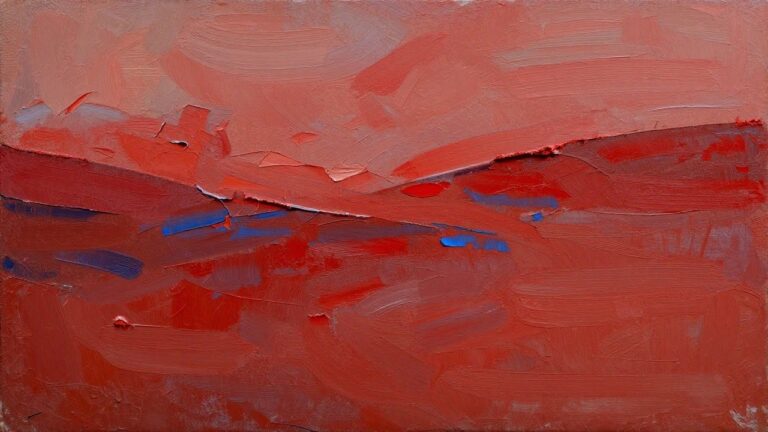 22 Creative Abstract Oil Painting Ideas Using Bold Color and Expressive Texture An abstract oil painting covered in thick, overlapping strokes of red and blue paint with visible brush marks and impasto texture.