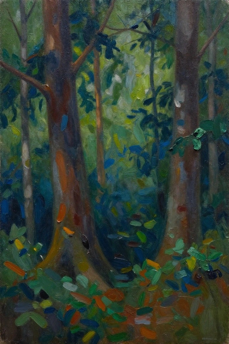 Tall brown tree trunks rise amid vibrant green and blue forest foliage.