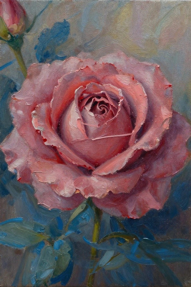 An oil painting of a large pink rose with visible brushstrokes, a small bud on the left, and blue-green leaves against a soft muted background.