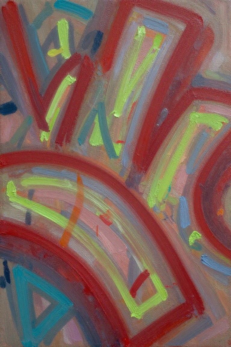 Abstract painting with bold red curves, lime green strokes, and overlapping shapes.