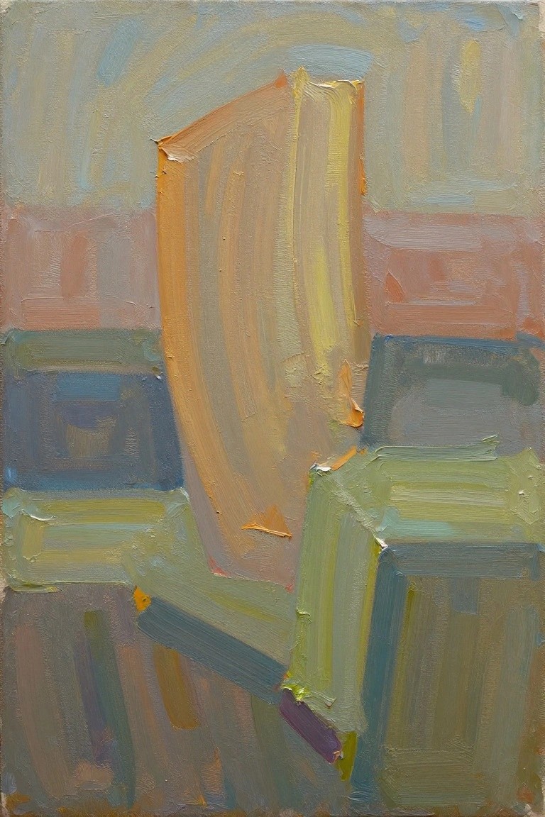 Abstract painting of angular shapes in muted blues greens and oranges