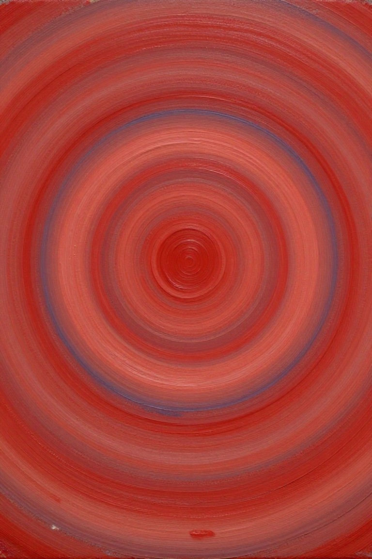 Concentric red circles with swirling brushstrokes and subtle blue rings around a spiral center.