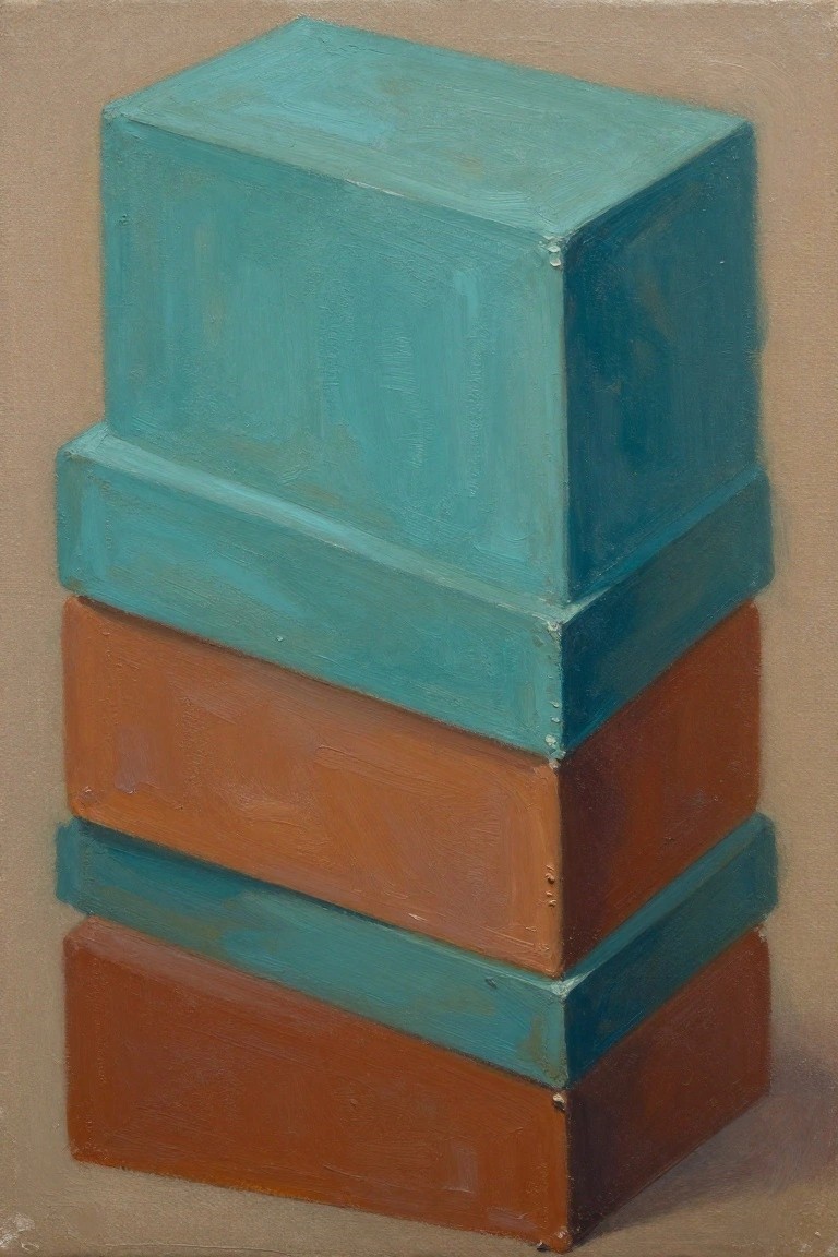 Stacked teal and terracotta rectangular blocks in an oil painting with visible brushstrokes