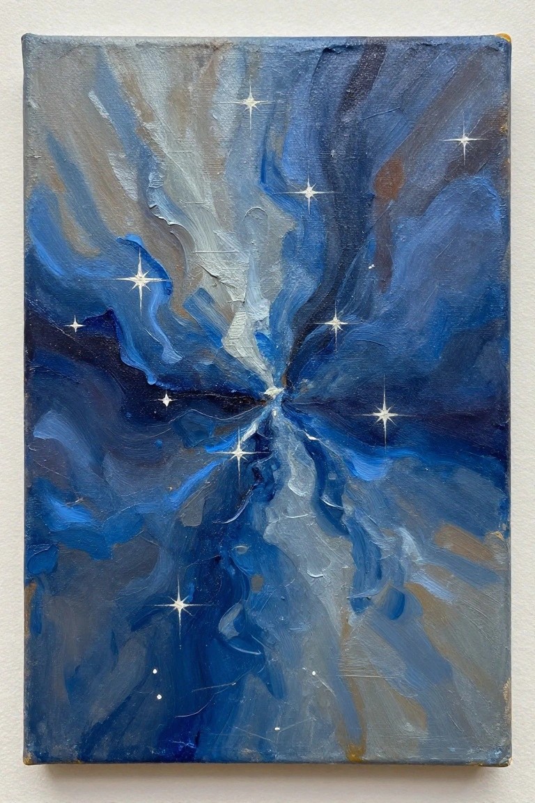 Abstract oil painting with swirling blue tones and scattered white stars
