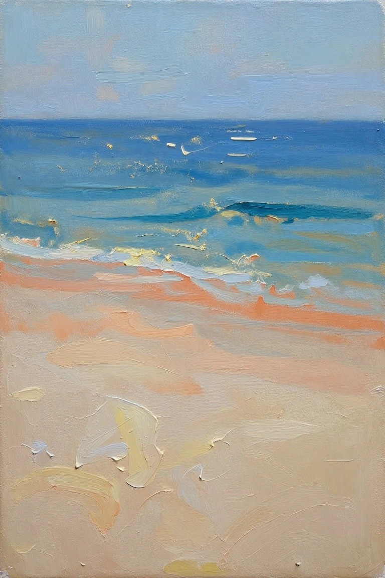 Impressionistic oil painting of blue ocean waves lapping onto sandy peach beach under sky