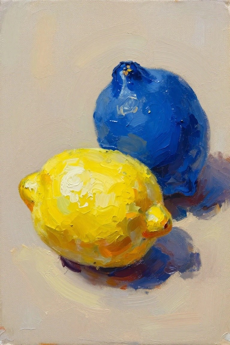 An oil painting showing a bright yellow lemon and a deep blue citrus fruit resting on a neutral surface with visible brushstrokes and textured paint.