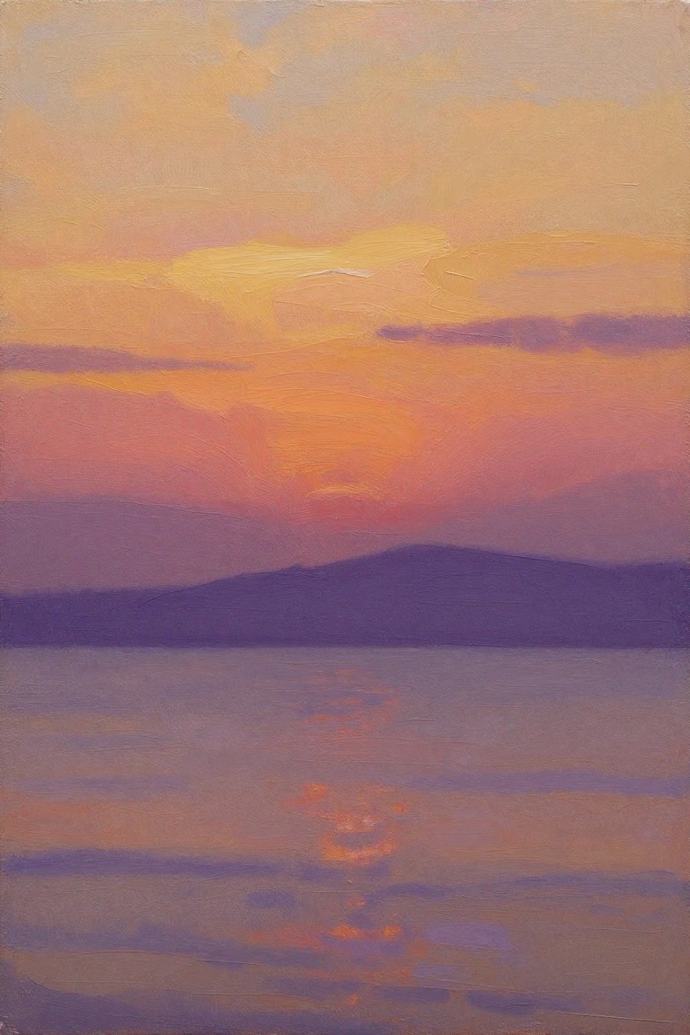 Impressionistic sunset painting with orange-pink sky over purple mountains and reflective water.