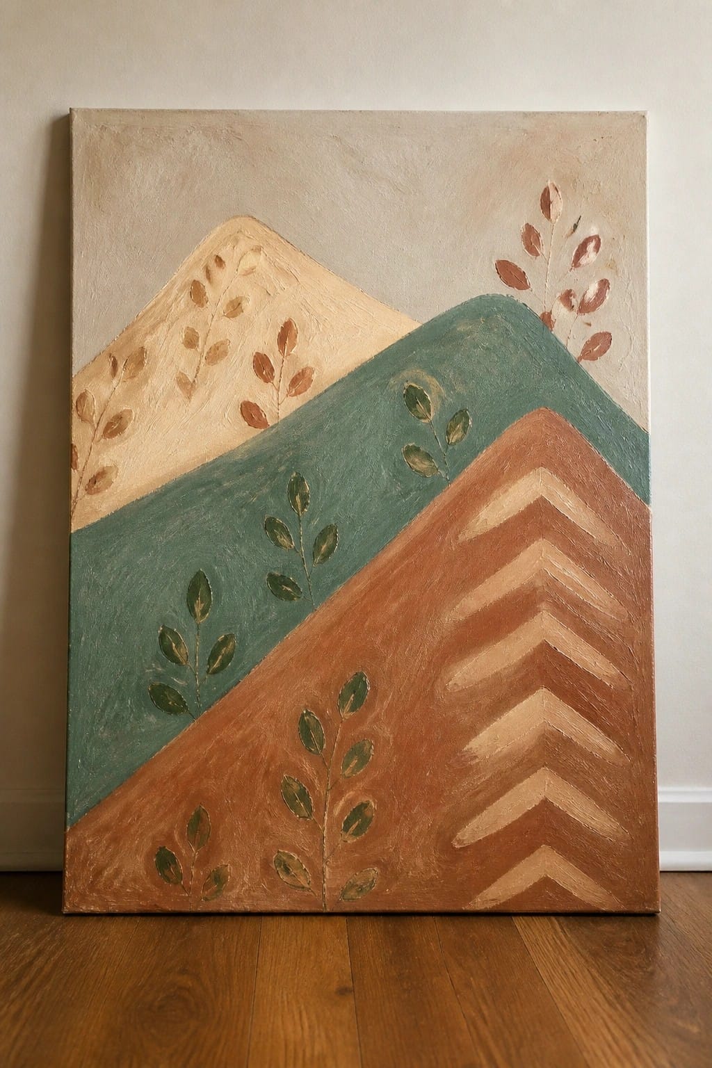 Abstract painting of layered hills in beige, teal and brown with leaf motifs and chevrons