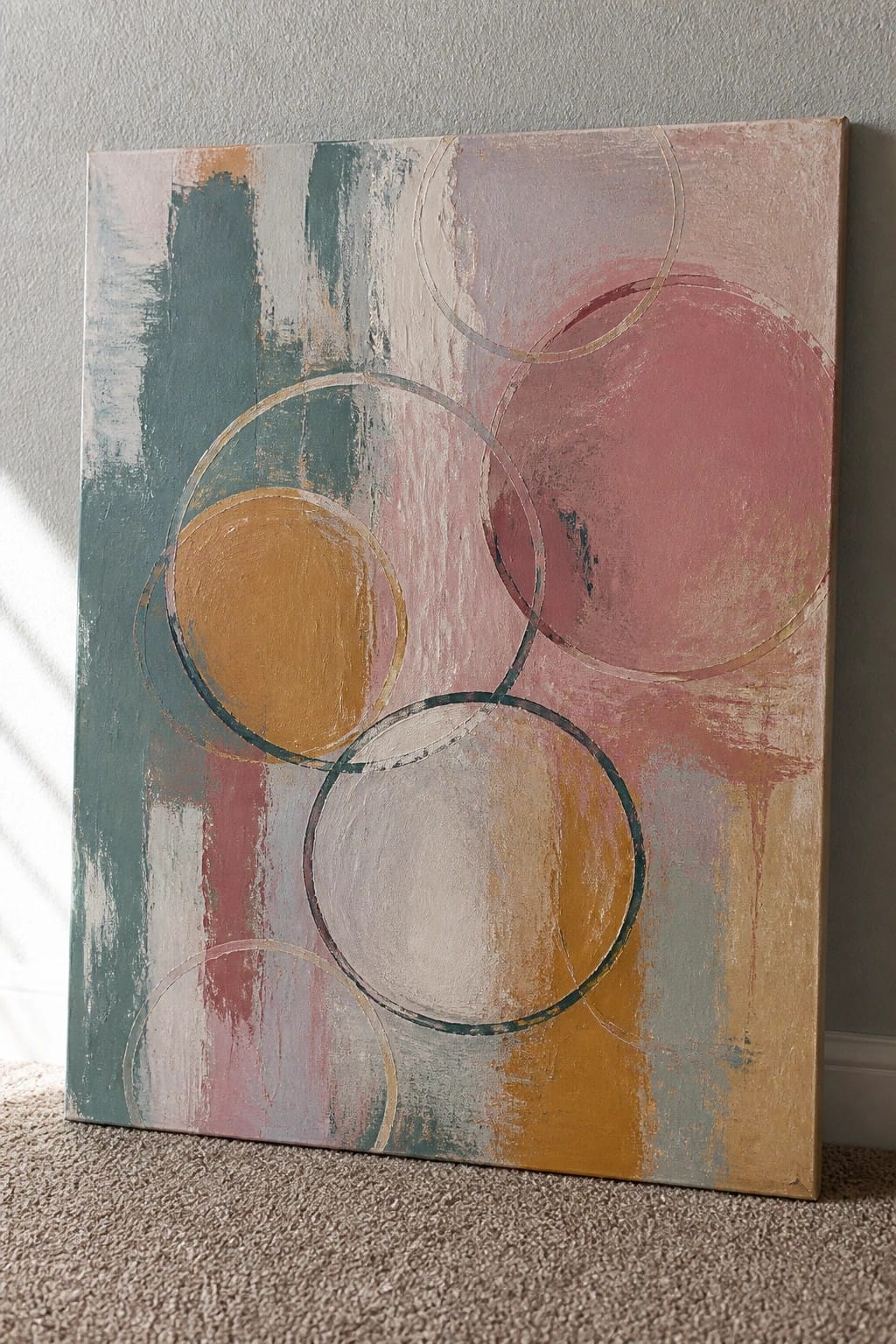 An abstract oil painting on canvas showing overlapping circles in teal, dusty pink, mustard yellow, and gray tones with visible brushstrokes and drips.
