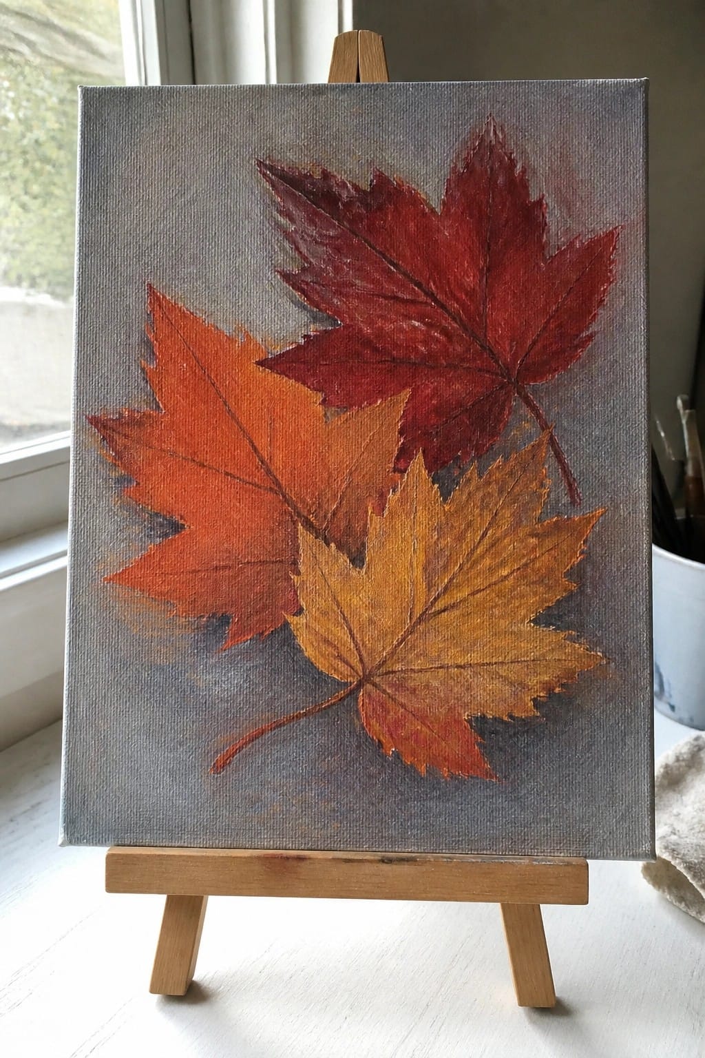 Three autumn maple leaves in red, orange, and yellow on gray canvas easel