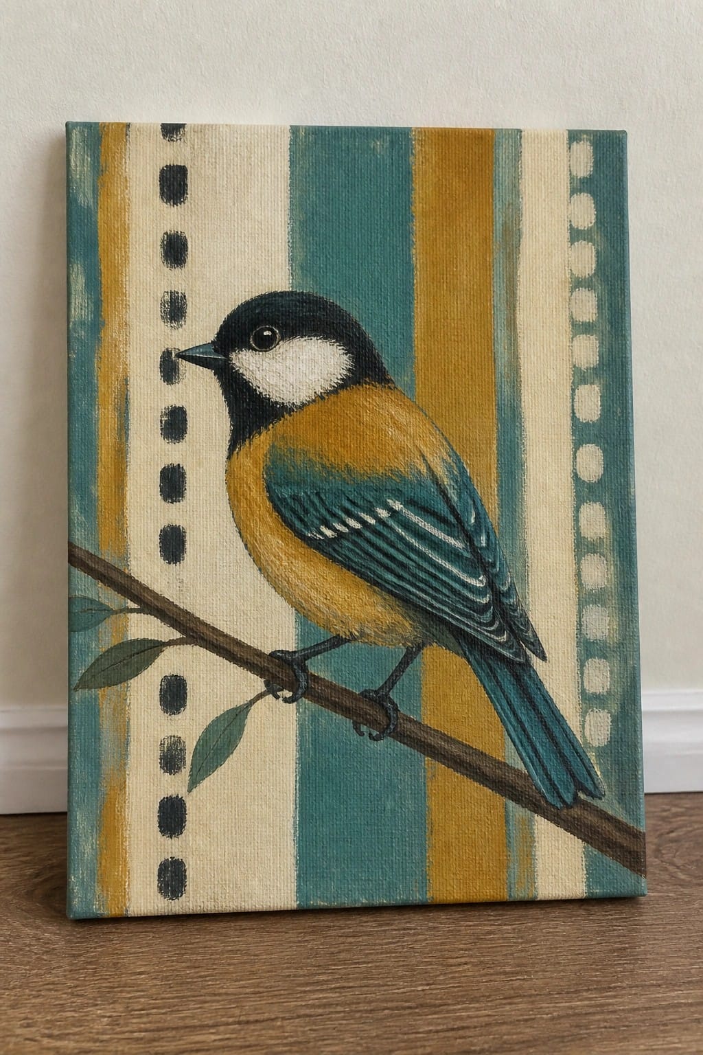 An oil painting of a small bird with black, white, yellow, and teal feathers perched on a thin branch against vertical stripes in teal, mustard, and cream with black and white dots.