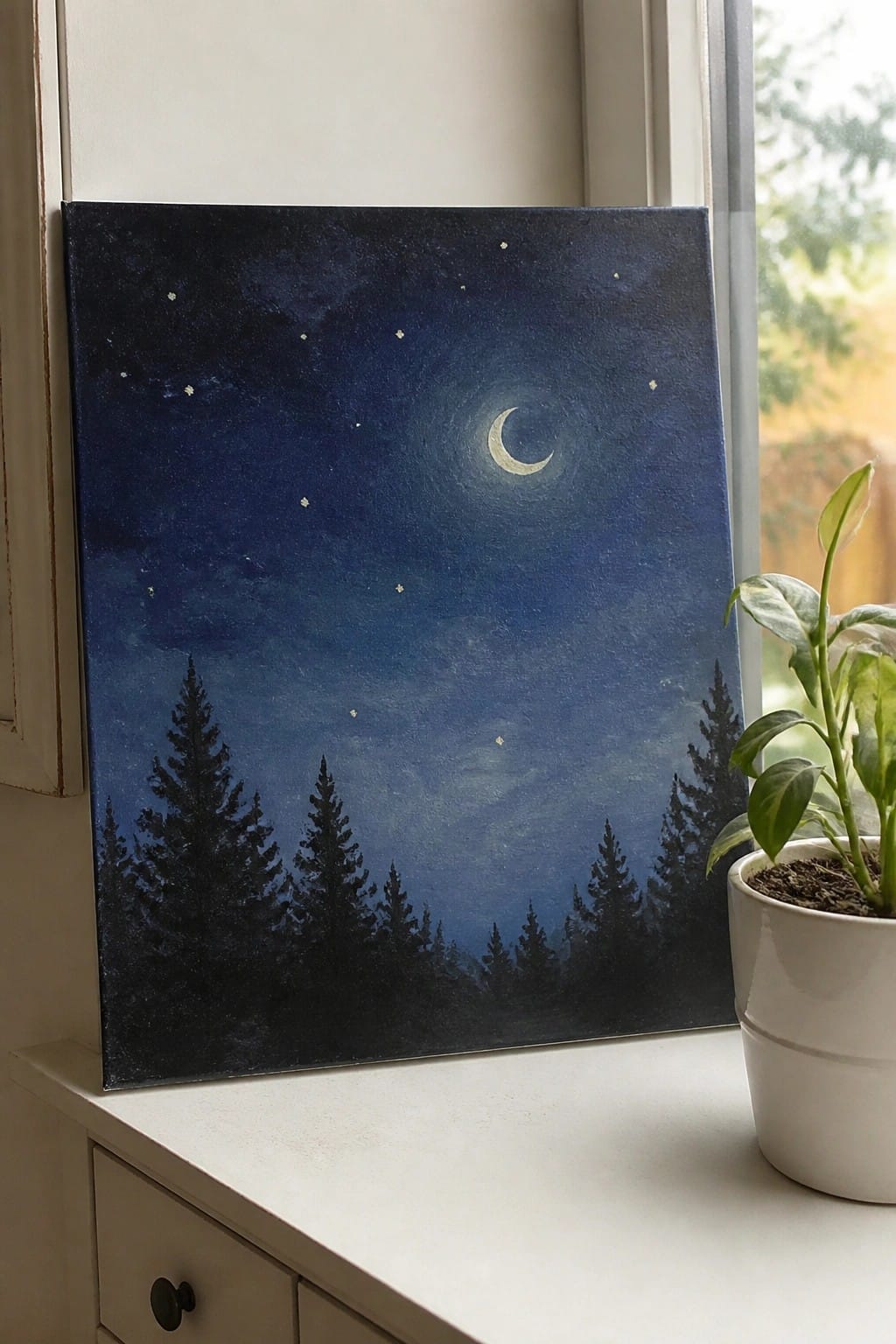 Starry night painting with crescent moon above pine trees on windowsill beside potted plant.