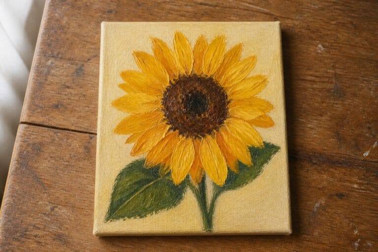 24 Creative Beginner Oil Painting Ideas for Your First Canvas Project Sunflower painting with yellow petals, brown center, green leaves on canvas.