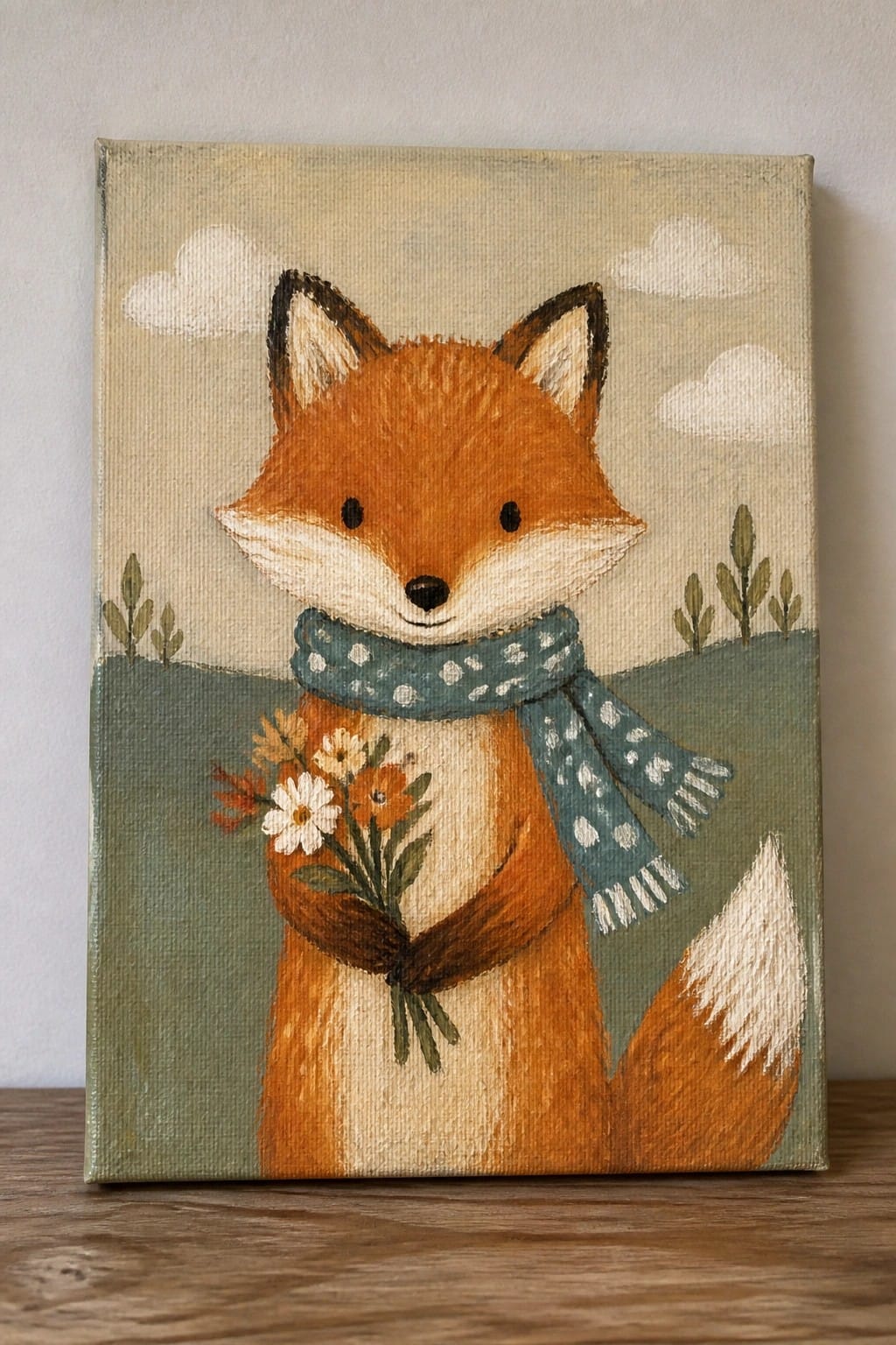 Whimsical fox in blue polka-dot scarf holds flower bouquet amid green hills.