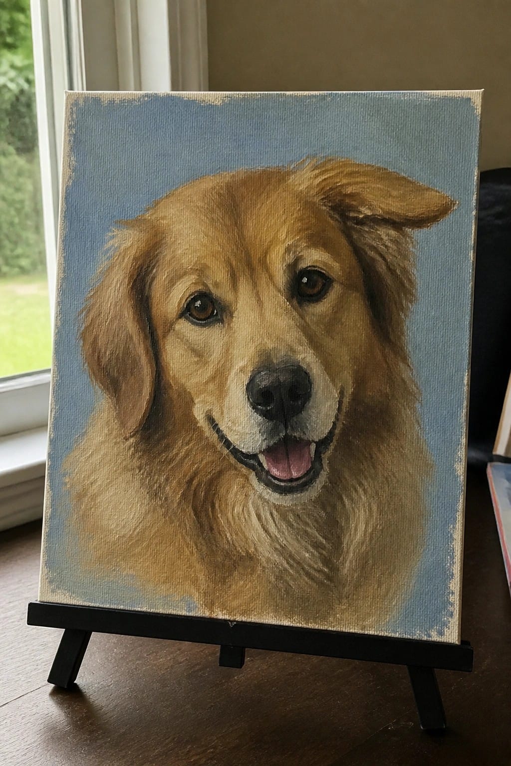 Golden retriever portrait painting on canvas with blue background on black easel