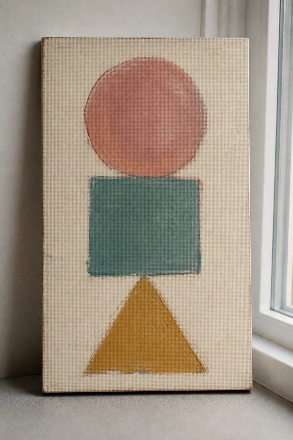 Abstract painting with red circle above teal square and yellow triangle on canvas
