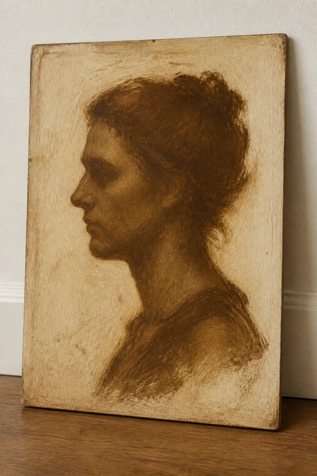 A monochromatic brown oil painting shows a woman's profile facing left with hair in a bun against a textured light background.