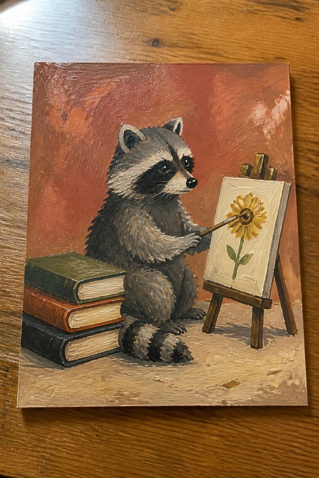 Raccoon painting yellow sunflower on easel beside stack of books on red background