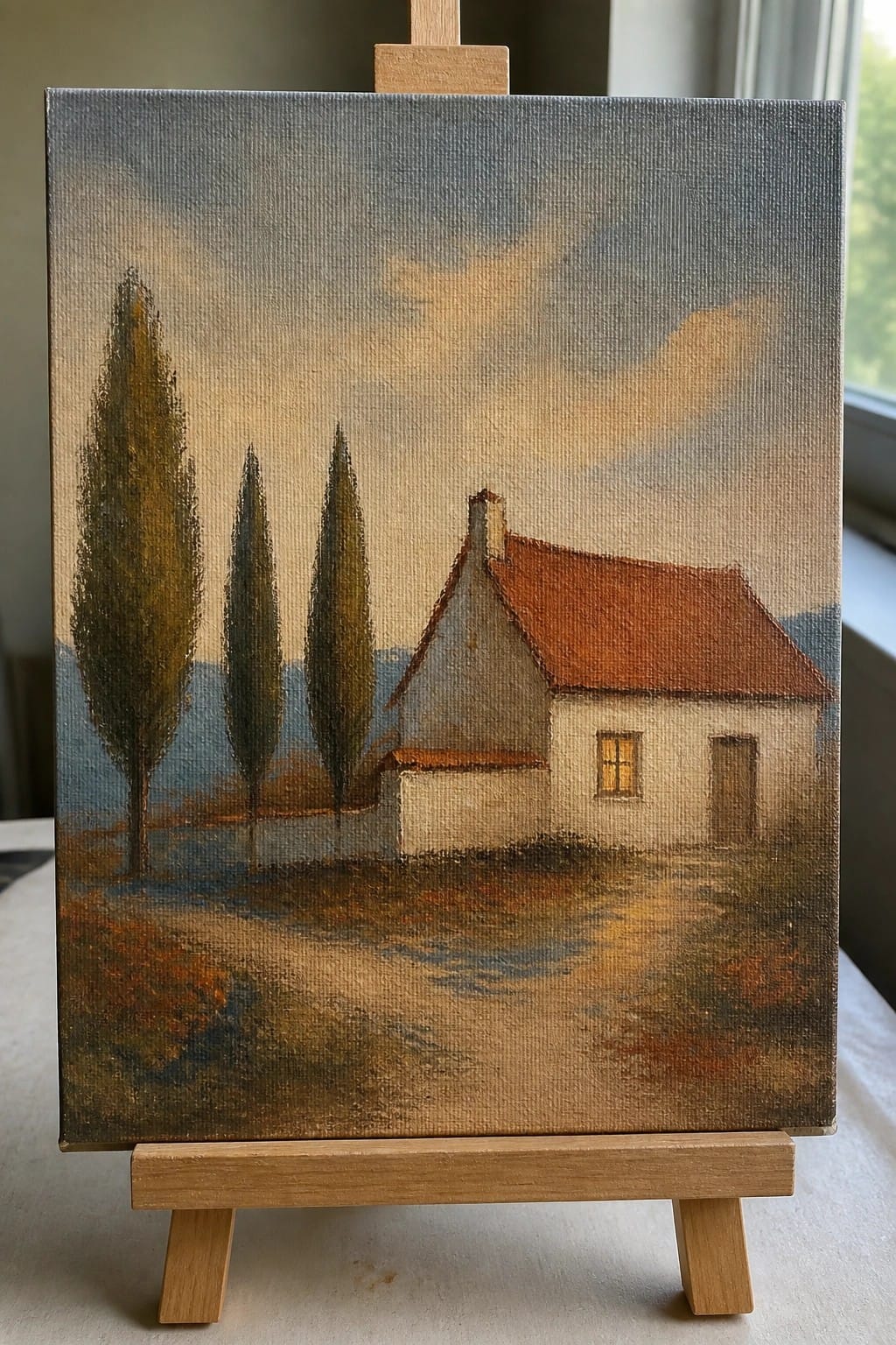 Oil painting on easel shows house with red roof, tall trees, and cloudy sky.