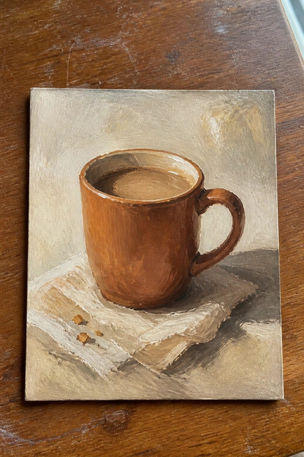 Oil painting of brown coffee mug on white cloth atop wooden surface.