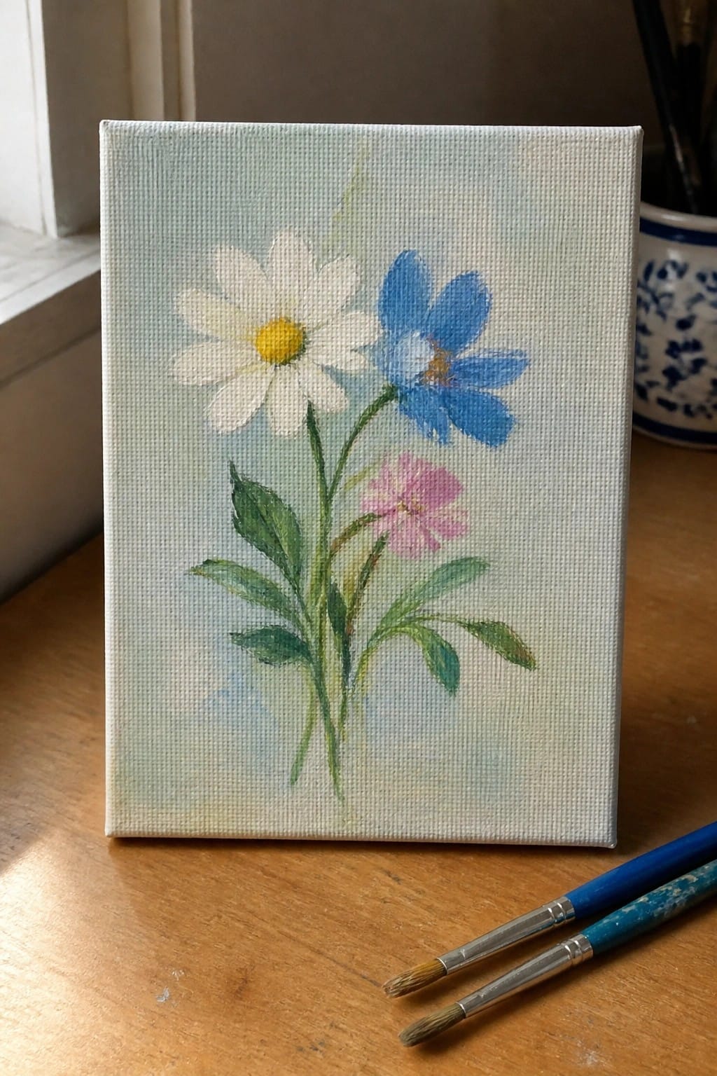 Small canvas with white daisy, blue and pink flowers, green leaves, paintbrushes on wood