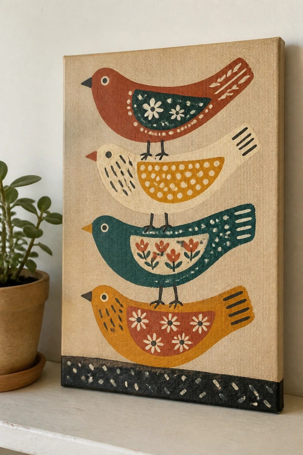 Four stacked colorful patterned birds on a beige canvas beside a potted plant.