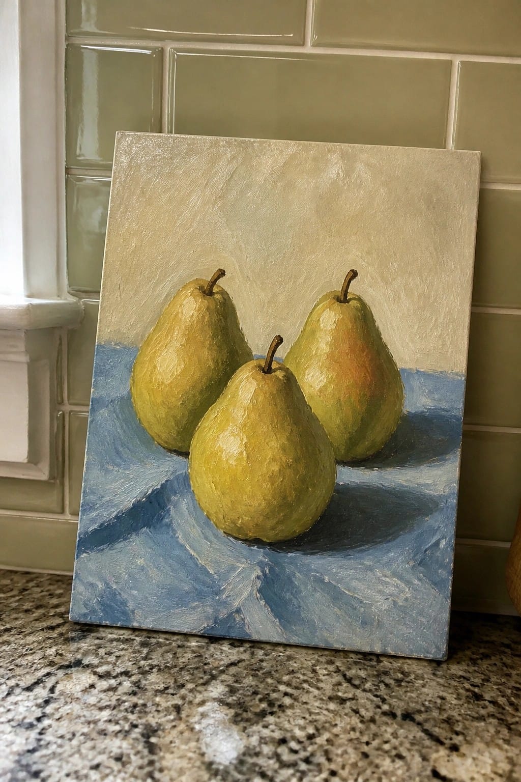 Three yellow-green pears on blue cloth in still life painting on countertop.