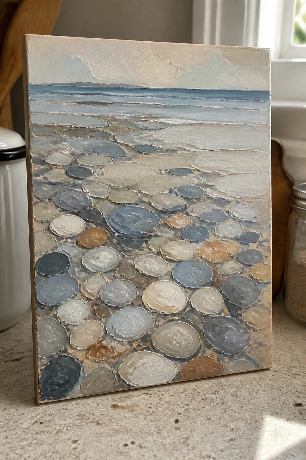 Textured abstract painting of layered sea above multicolored pebble beach.