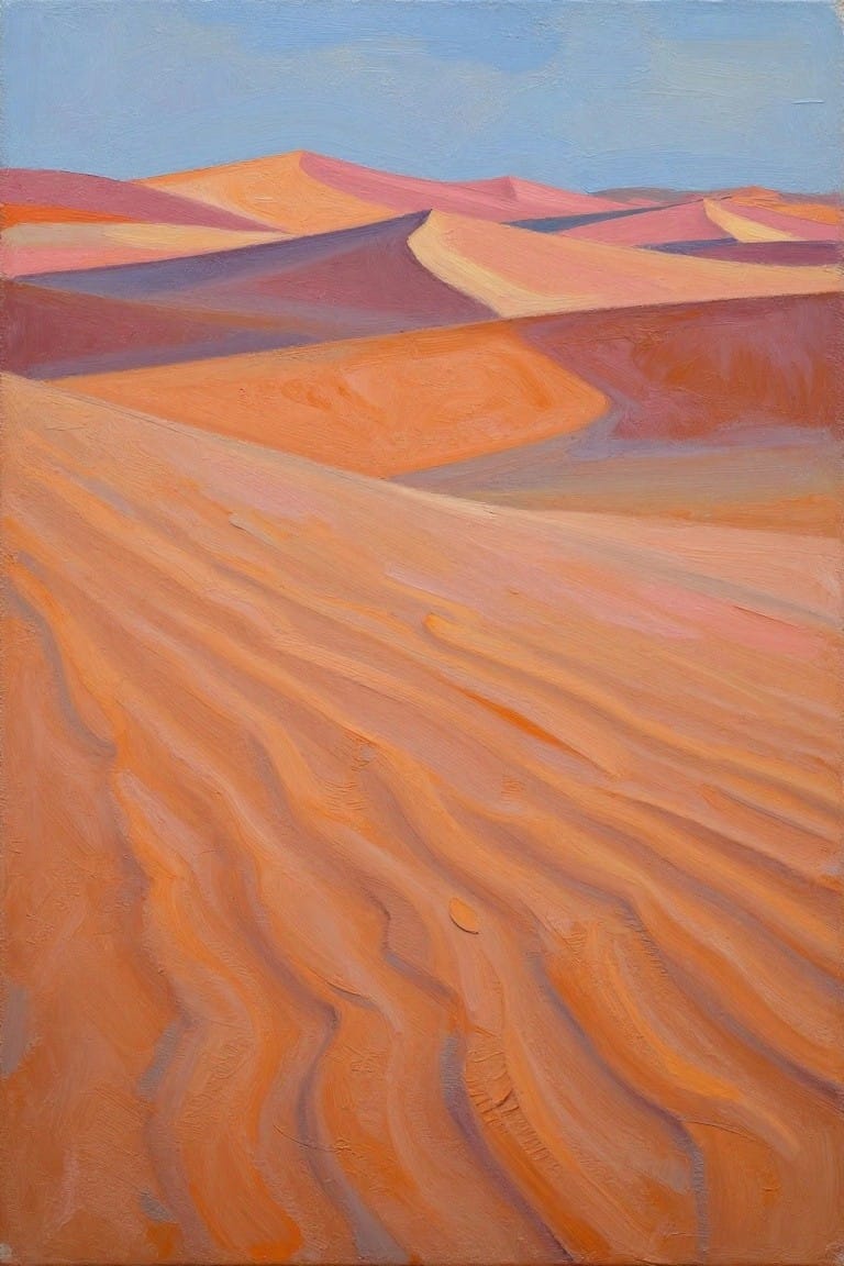 Rolling orange sand dunes with pink and purple shadows under blue sky.