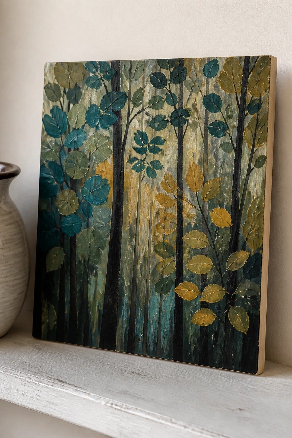 Abstract forest painting with teal, green, and gold leaves on white wooden shelf.